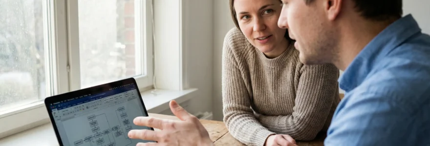 Deux collègues français analysant un workflow IA sur écran (compétences IA entreprise)