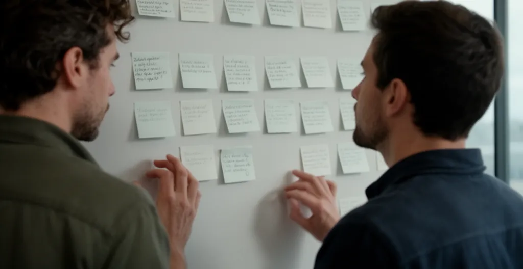 Deux collègues français planifiant un sprint de formation IA sur tableau mural