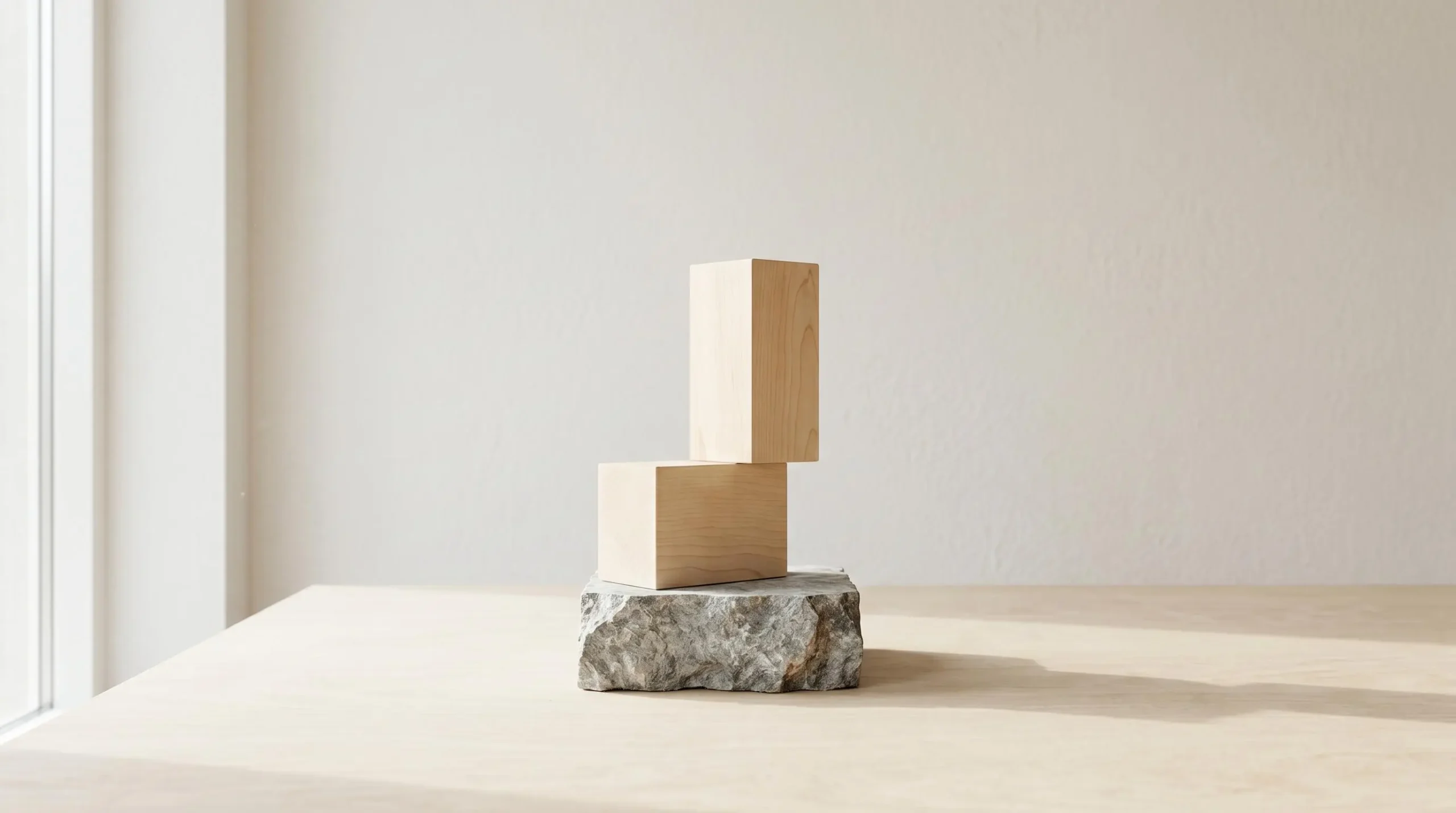 Composition minimaliste montrant deux blocs de bois clair en équilibre parfait sur un socle de pierre, éclairage naturel doux, symbolisant l'équilibre entre structure et authenticité