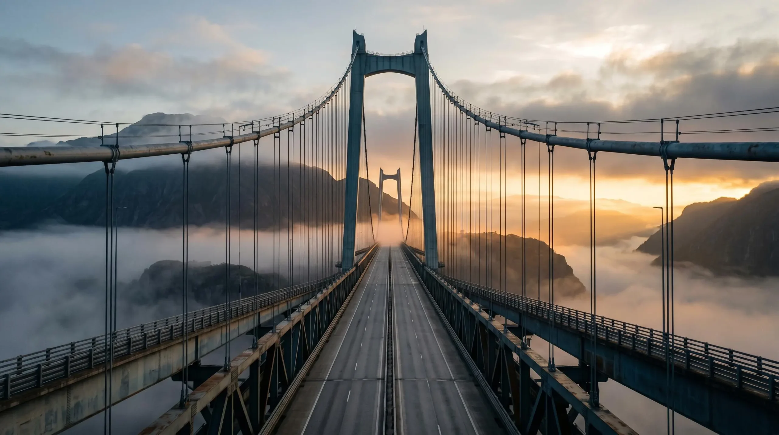 Photographie d'un pont suspendu moderne traversant une vallée brumeuse au lever du soleil, perspective dramatique avec lumière dorée perçant la brume